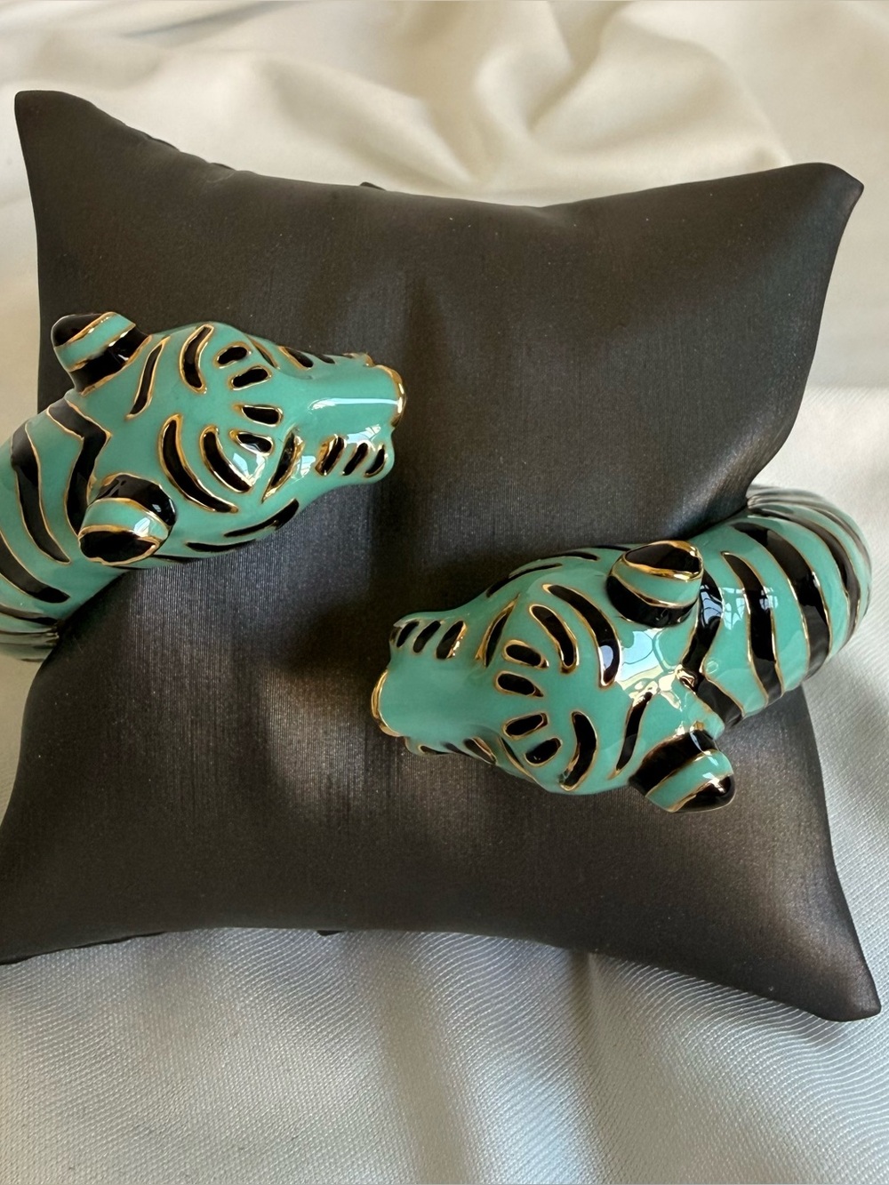 Vintage Kenneth Jay Lane Teal & Black Enameled Double Headed Tiger Cuff Bracelet